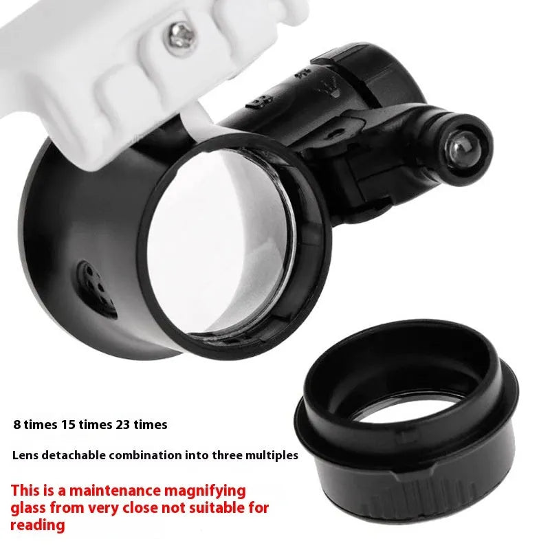 White head mounted magnifying glass with 30x optical glass lens, folded to 85mm for storage