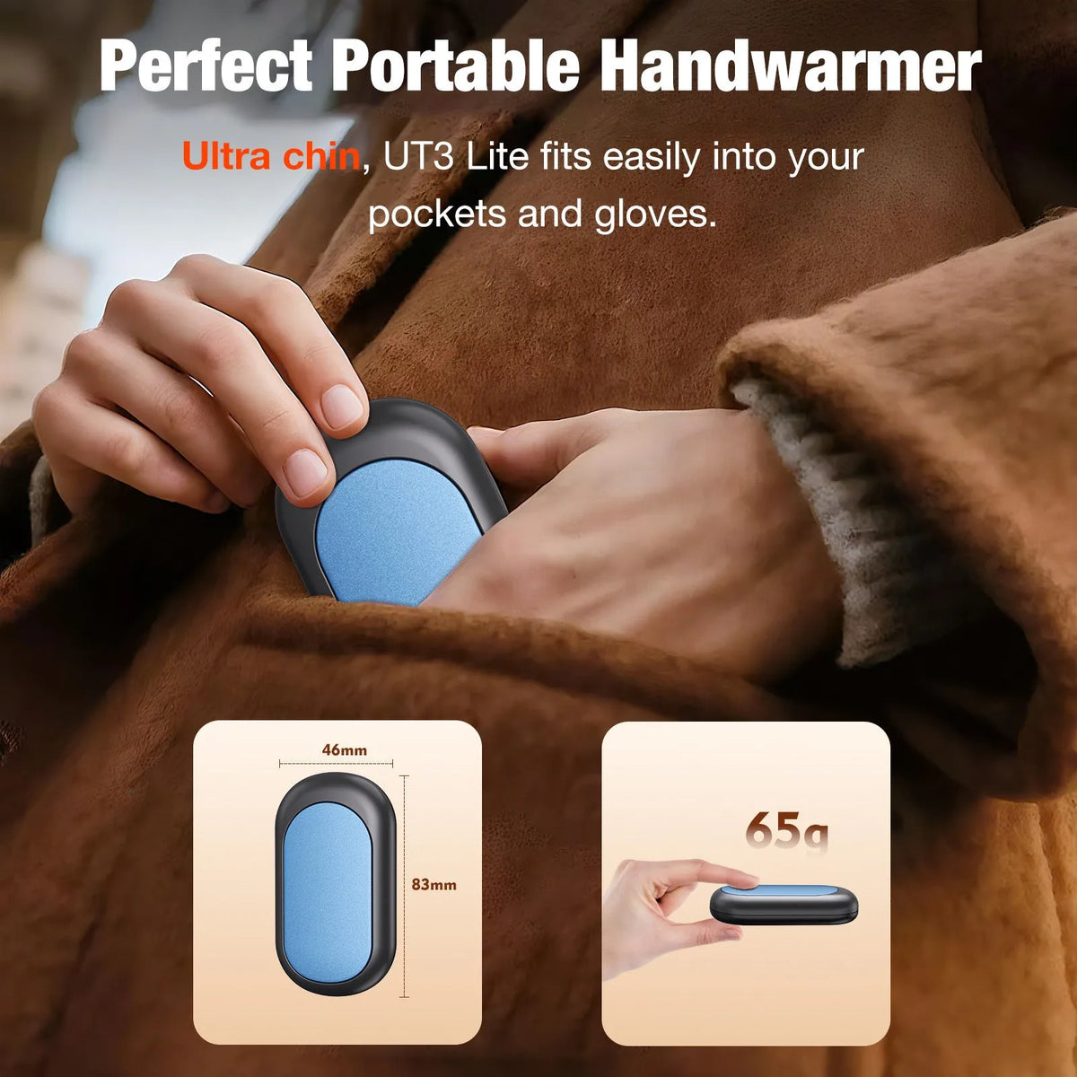 Magnetic split rechargeable mini USB heating pad in black, violet, royal blue, orange, beige, and pink