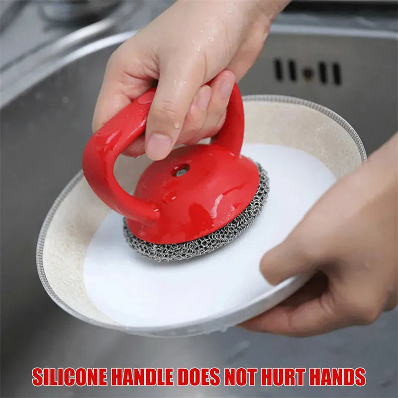 Cast iron scrubber with 316 stainless steel round chainmail head and silicone handle in red, blue, or black