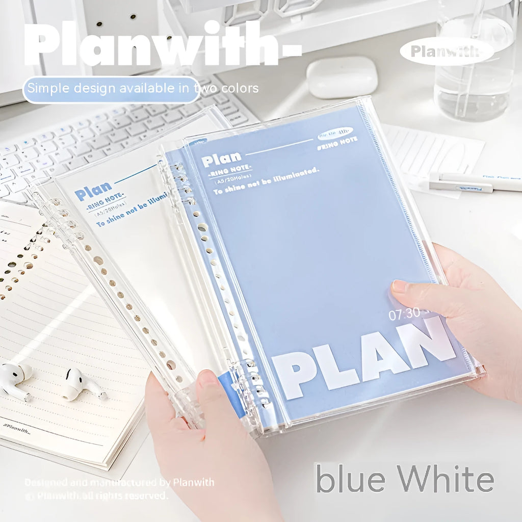 Blue and white A5 PVC notebook storage can for loose spiral papers, showing dimensions 148mm x 210mm.