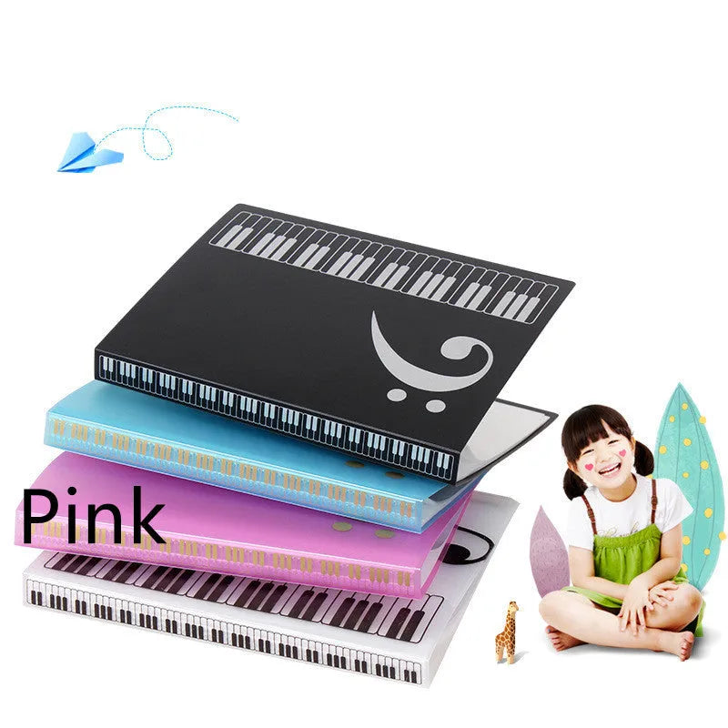 A4 black piano music folder with transparent plastic inserts for holding sheet music.