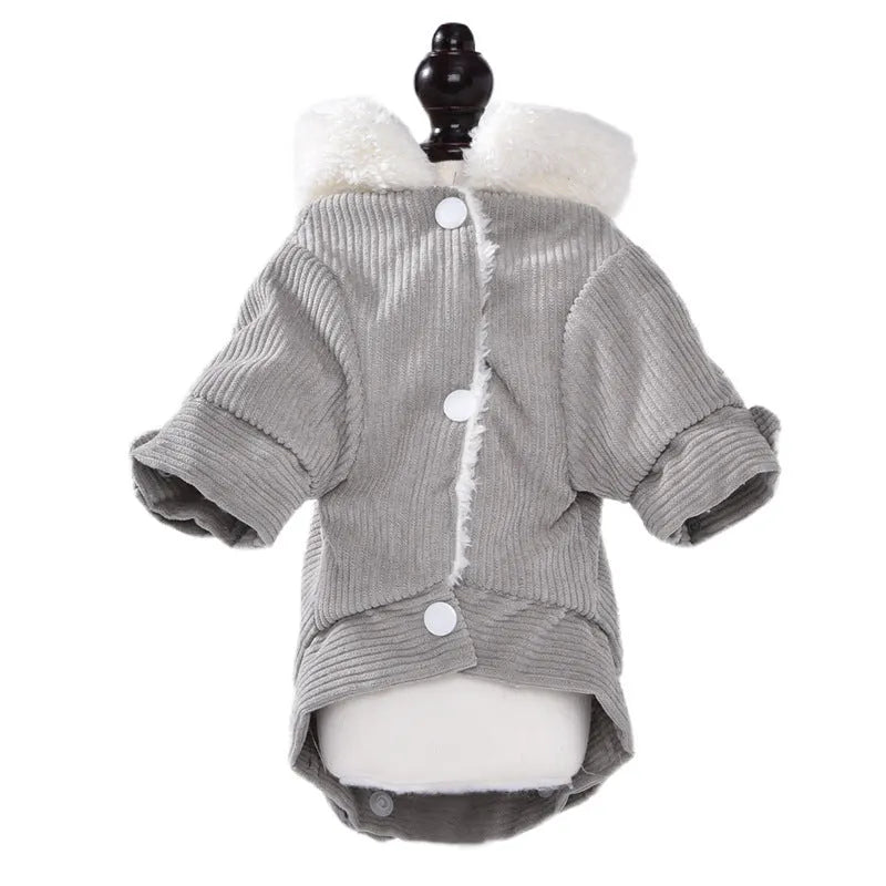 A grey lambswool vest for dogs with fleece lining, shown on a mannequin.