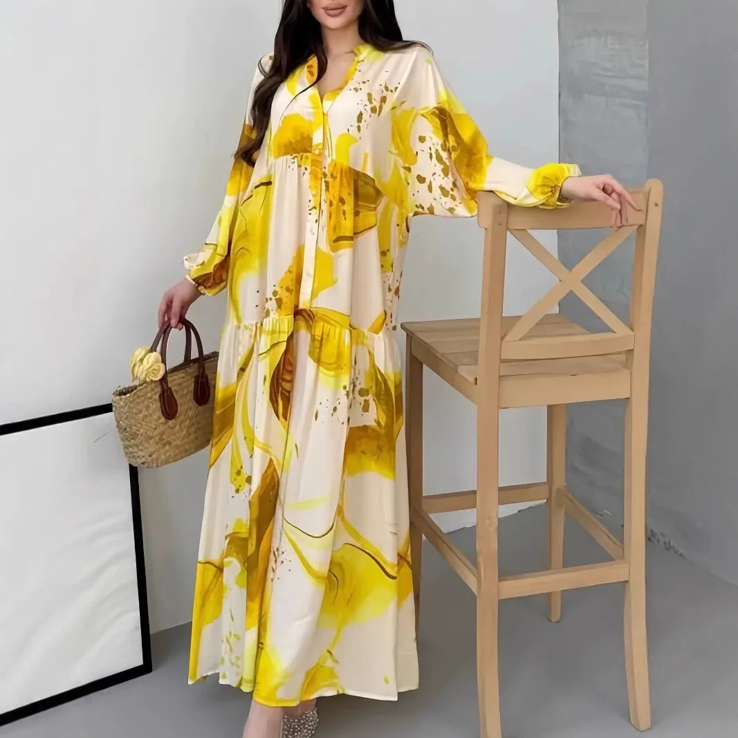Loose casual V-neck dress with oversized swing skirt in Rose Red, long sleeves, spliced style, mid waist, casual Japanese Korean design