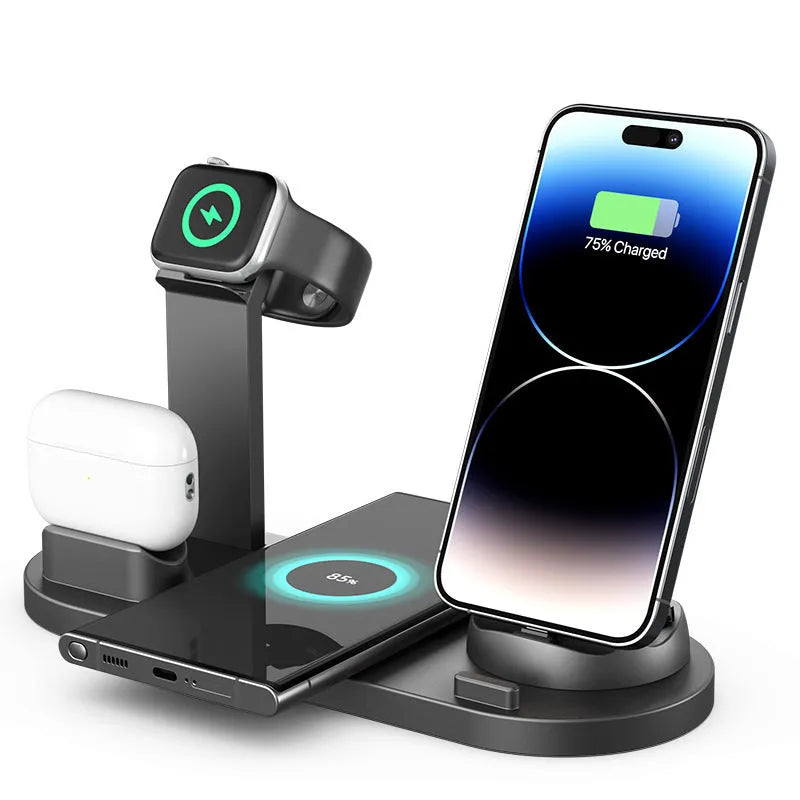 Black 3-in-1 charging stand holding a mobile phone, a headset, and a smartwatch on a desk.