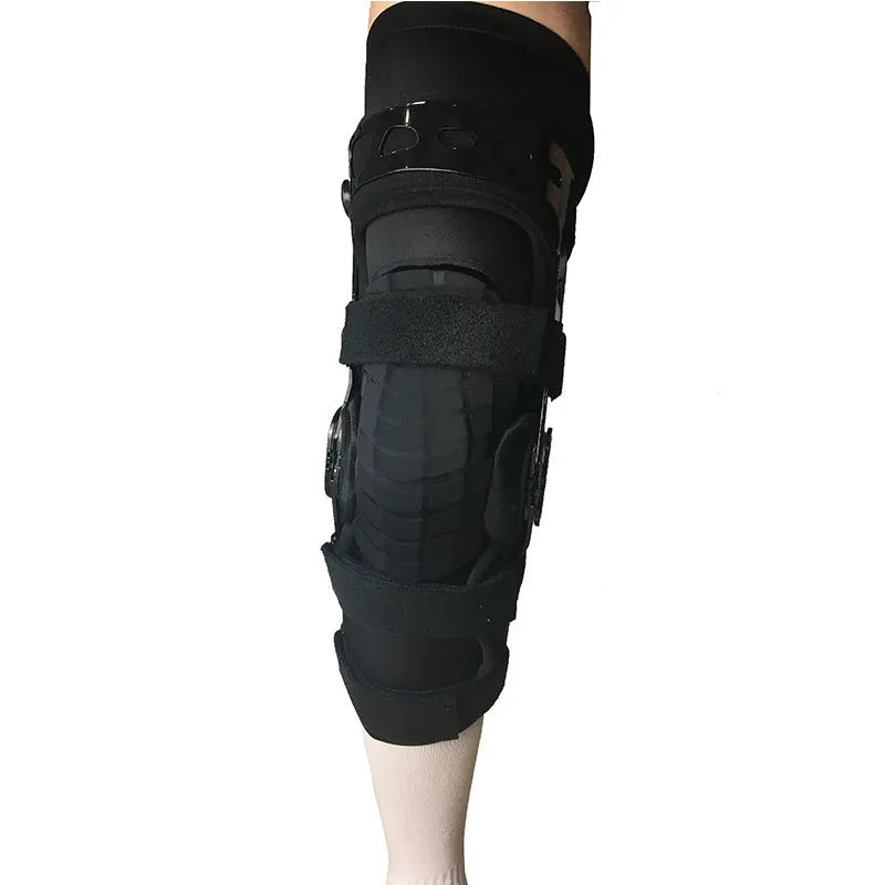 Black anterior ligament knee pad with reinforced straps shown in various size options