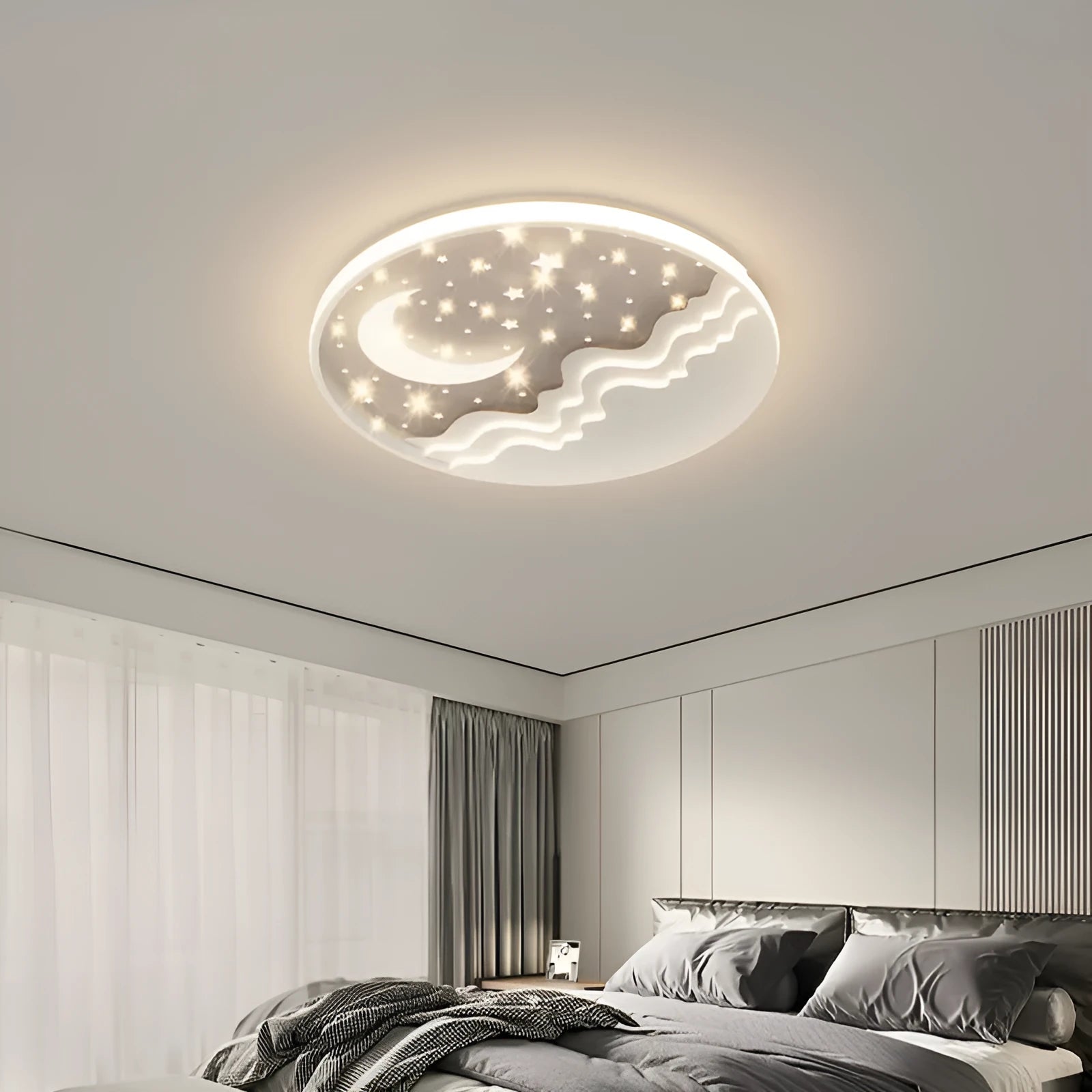 White moon-shaped wrought iron and acrylic bedroom ceiling light with romantic glow