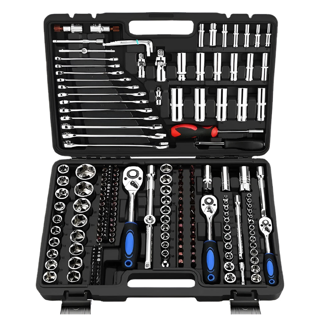 Cr-V chromium vanadium steel socket ratchet wrench set with nickel-plated finish for DIY and auto repair.