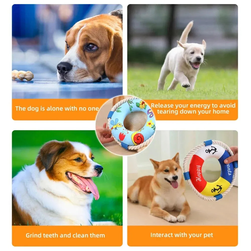 25cm diameter plush dog pull ring toy in yellow fish design for interactive pet play