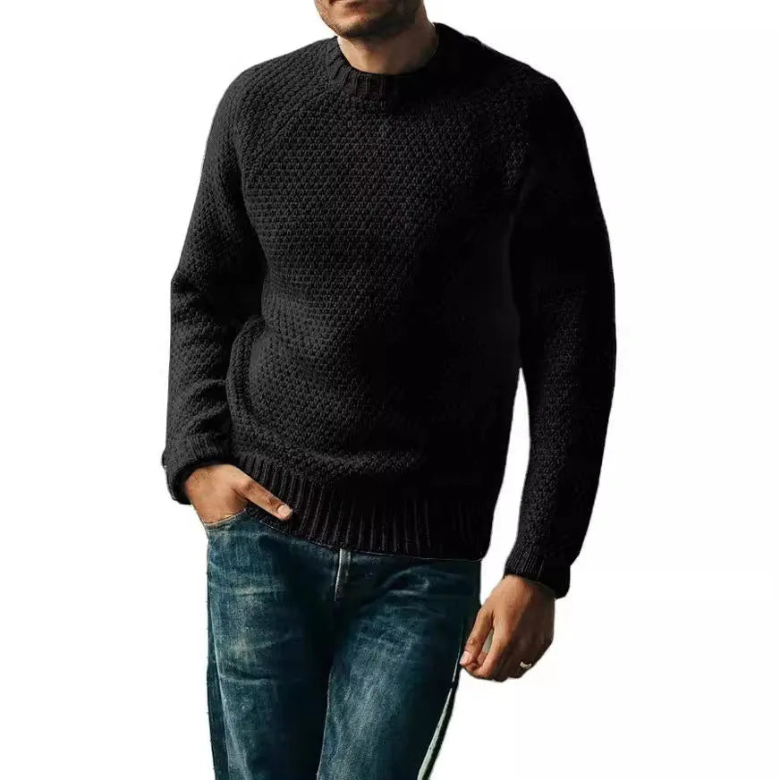 Men's loose fit thick wool round neck pullover sweater in solid colour casual winter top