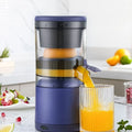 Portable USB mini electric juicer in blue with 150W motor, PC food grade plastic inner material and electroplated casing
