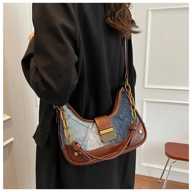 Brown denim women's shoulder bag with diamond mesh chain detail and bucket design