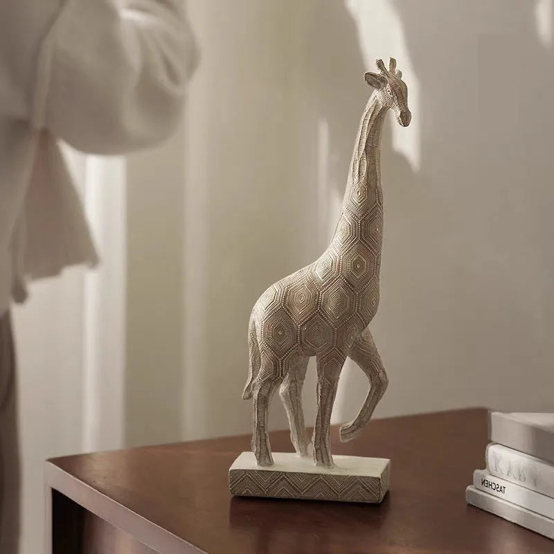 Wood colour European-style giraffe resin ornament on a shelf.