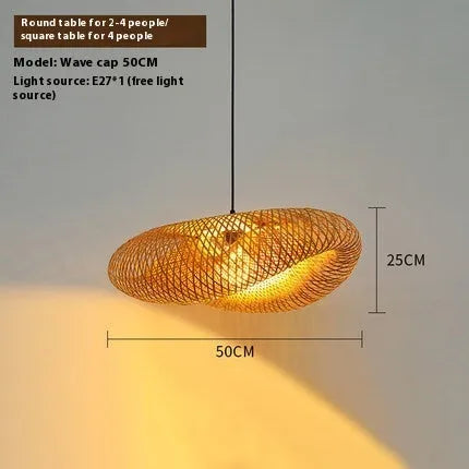 Bamboo straw hat-shaped hanging lamp with natural rattan shade measuring 50cm diameter