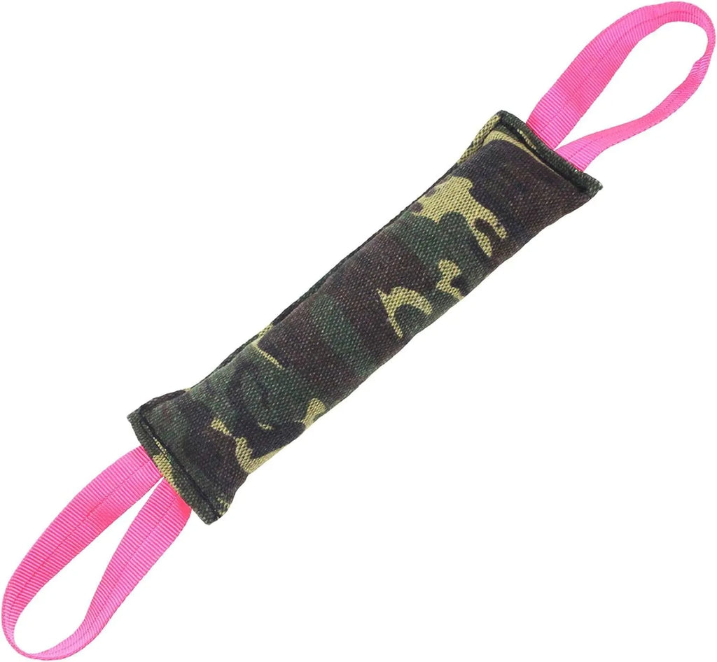 Beige and pink jute dog tug toy bite pillow with two fabric handles on a plain background.