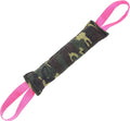 Beige and pink jute dog tug toy bite pillow with two fabric handles on a plain background.