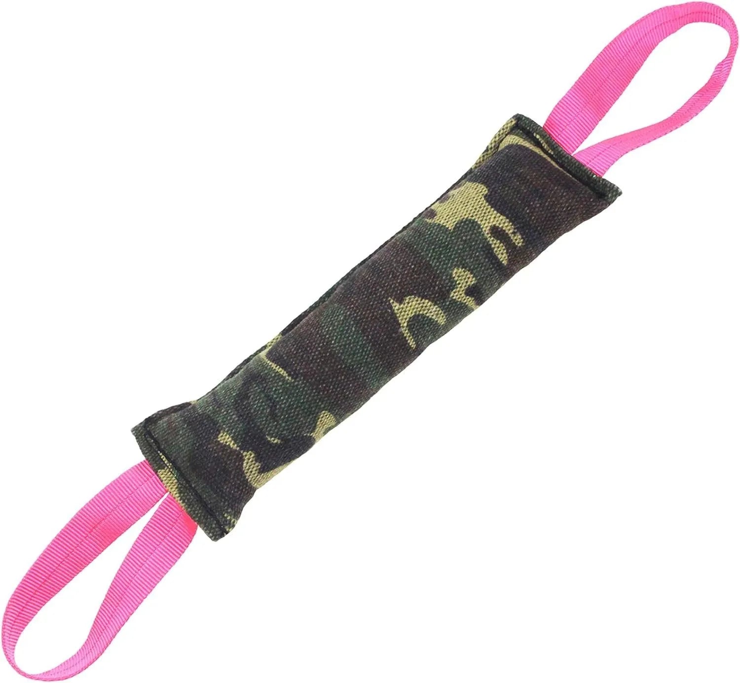 Beige and pink jute dog tug toy bite pillow with two fabric handles on a plain background.