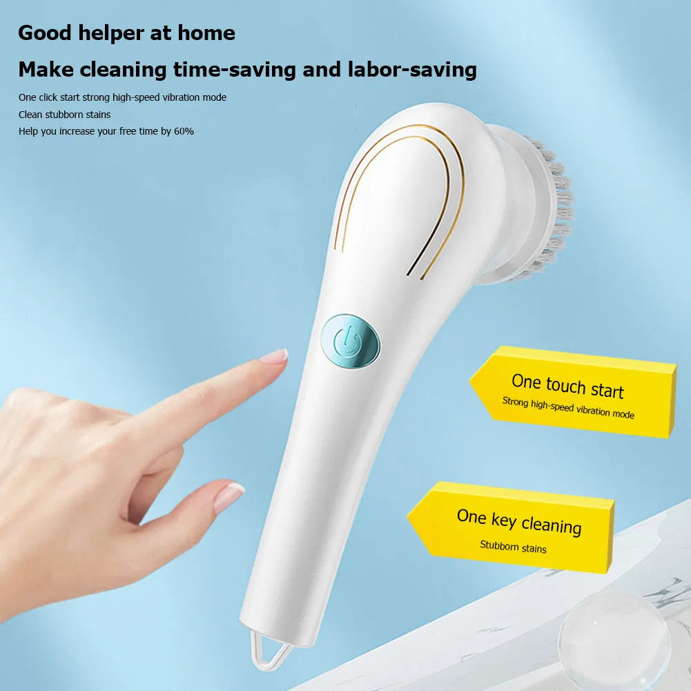 White cordless electric handheld cleaning brush with set of five different brush heads on a USB charging cable