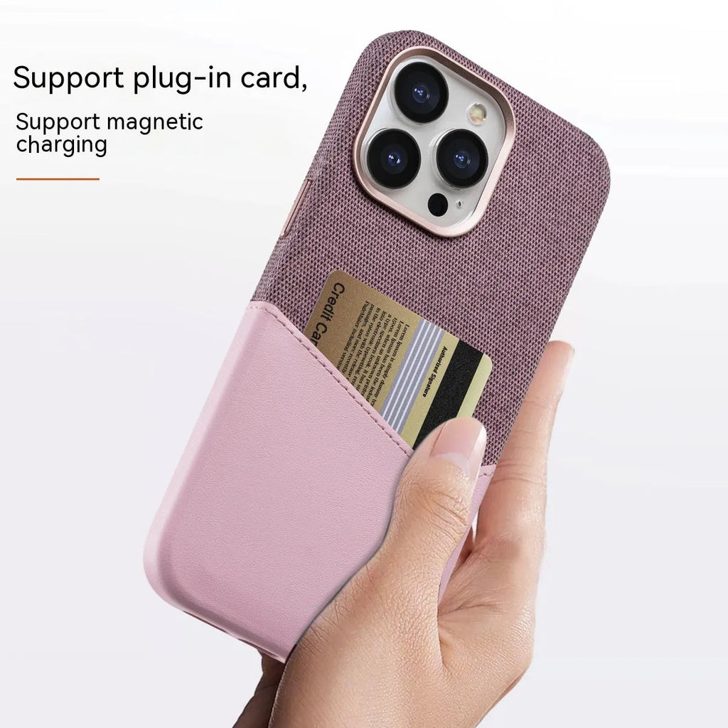 Leather magnetic card phone case for iPhone 14 Pro Max in black with colour-matched card slot and retro stitching