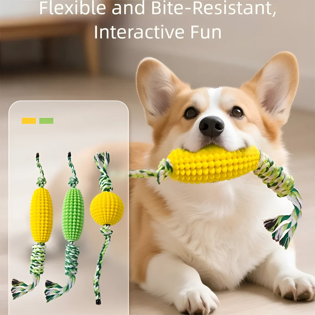 Corn-shaped dog chew toys in yellow and green with rope knots and a yellow ball for small to medium dogs