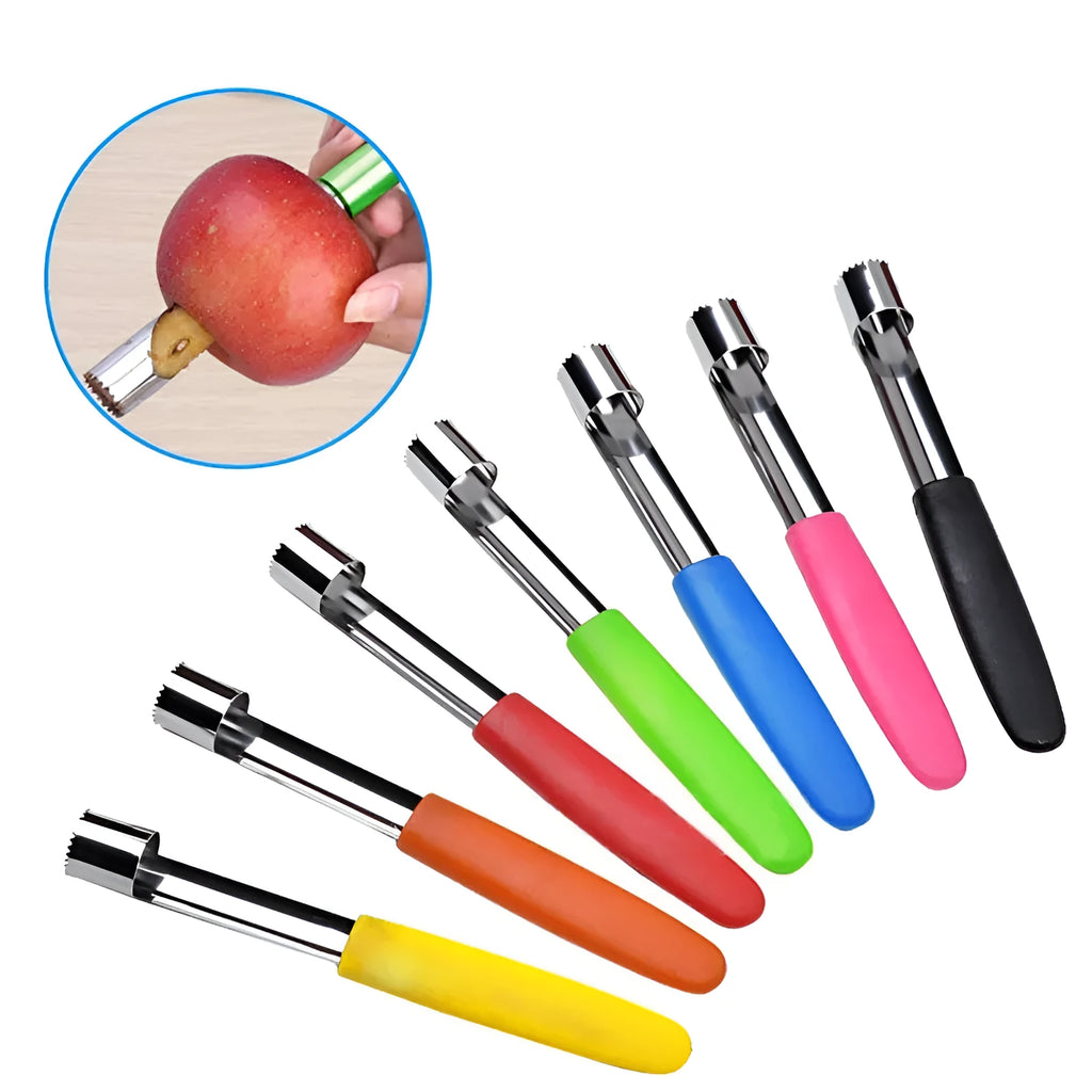 Stainless steel fruit corer with 178mm length and 20mm diameter on white background