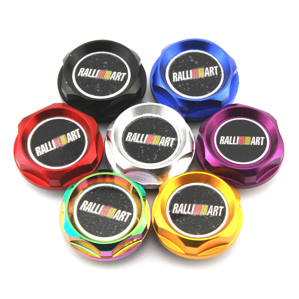 Aluminium alloy oil filter cap for car modification, shown in available colours: red, blue, gold, silver, black, purple.