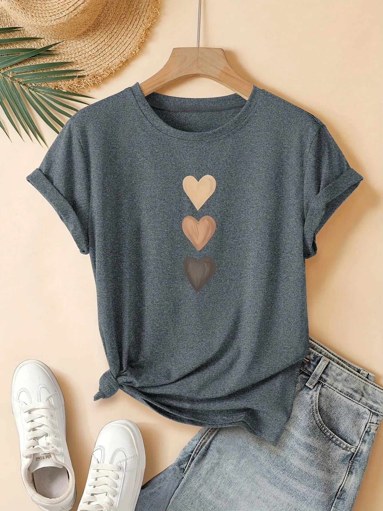 Women's short sleeve cotton t-shirt with Chinese art retro print, shown in dark grey