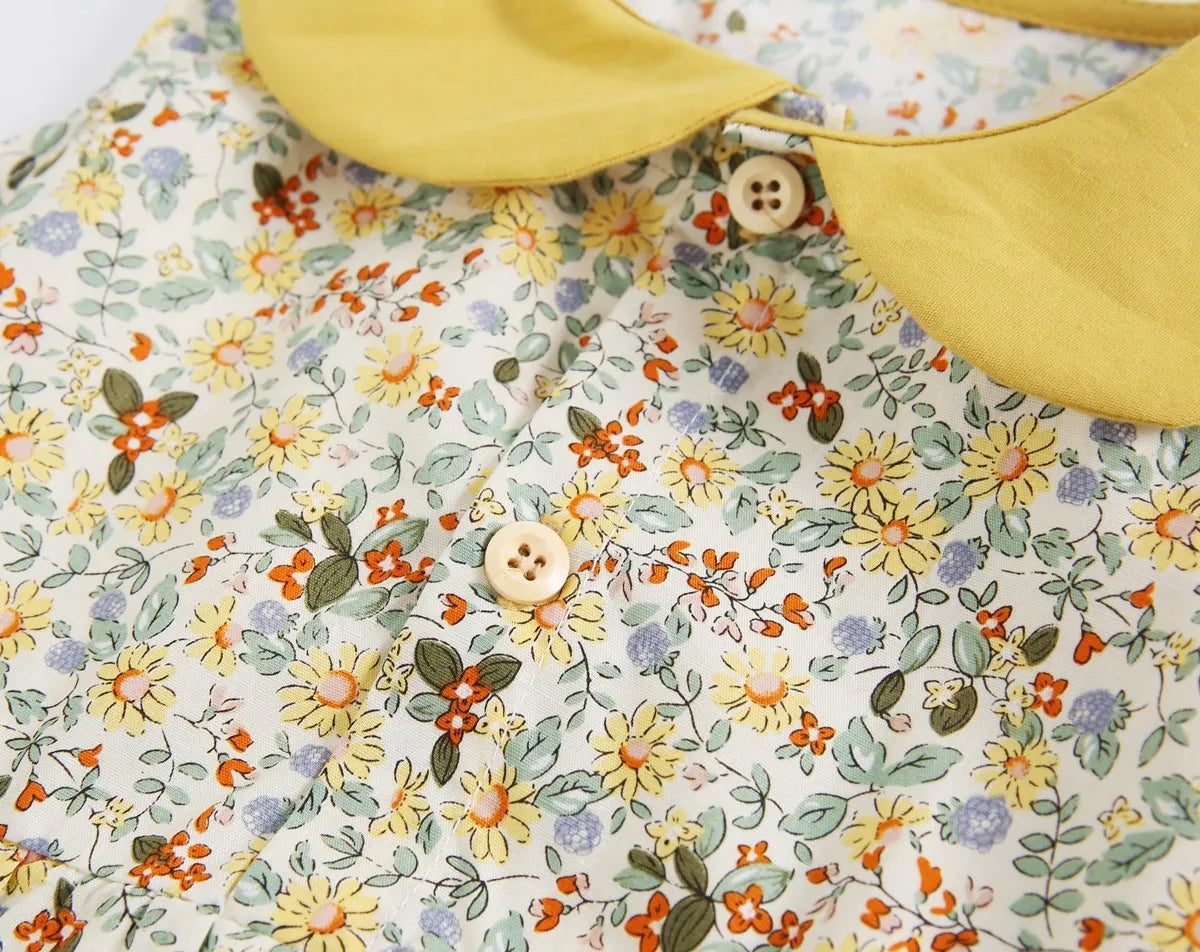 Yellow floral cotton baby romper with doll collar for girls, triangle jumpsuit style