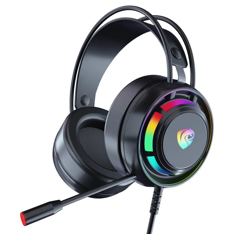 Black wired over-ear gaming headphones with microphone and a long cable, showing 3.5mm and USB plug options.