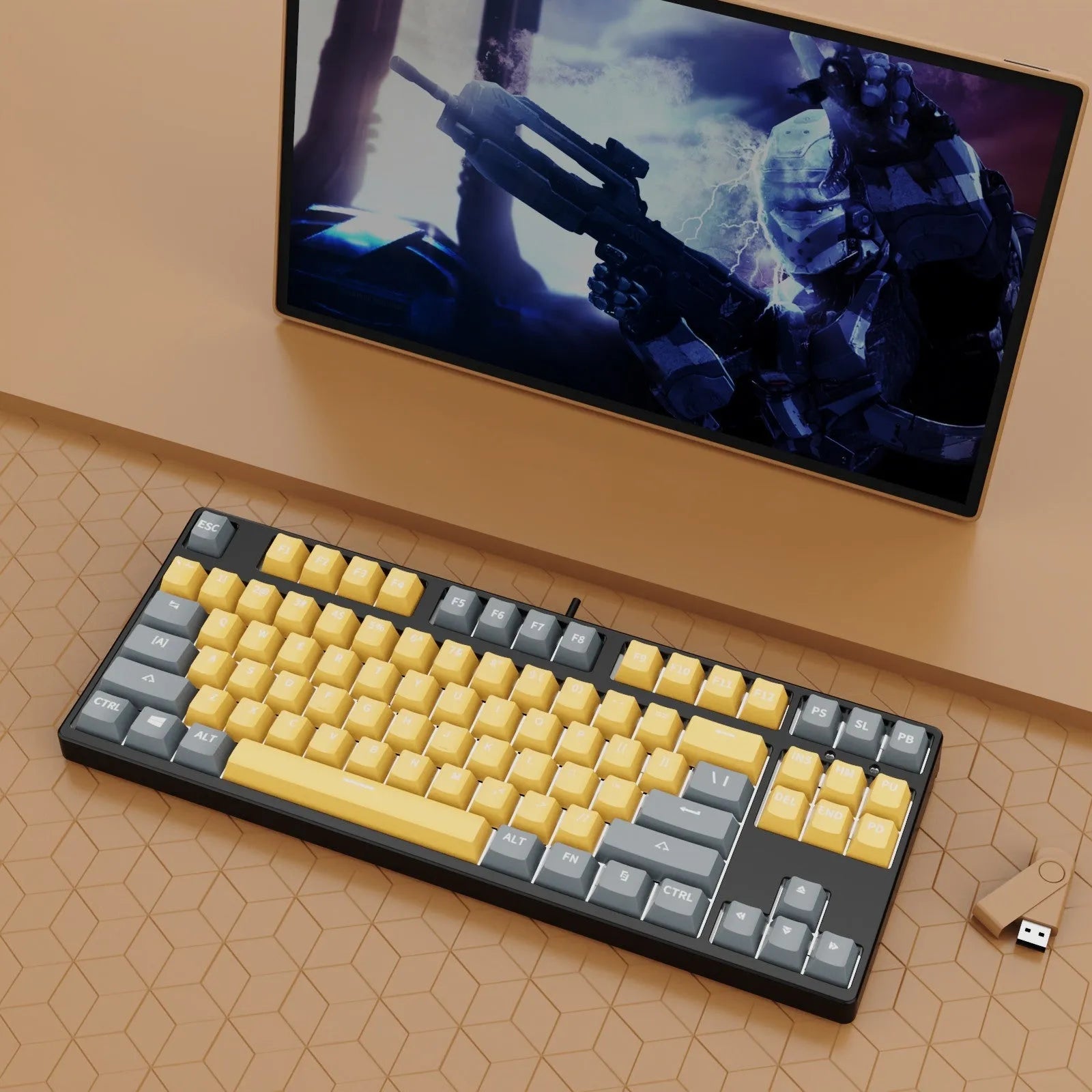 87-key wired mechanical gaming keyboard with hot-swappable switches in dual-colour keycap configuration