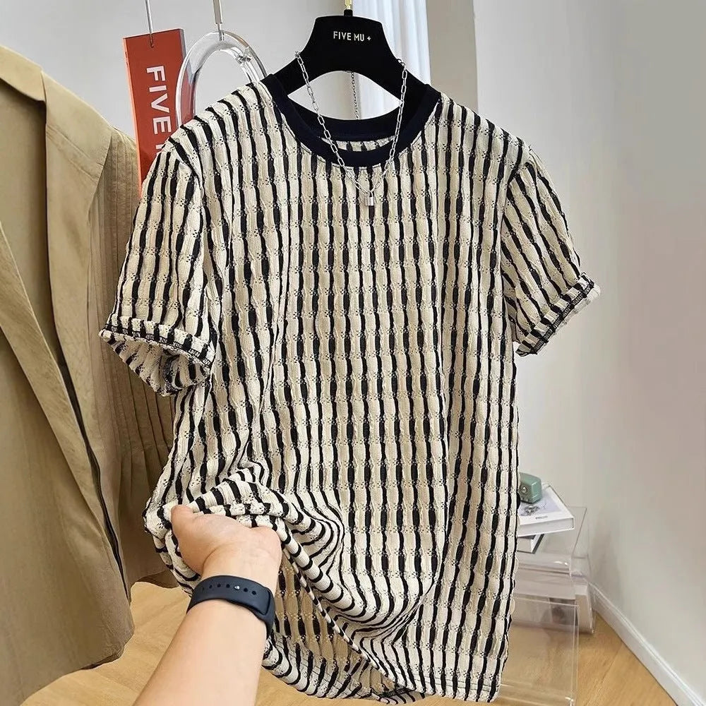 Men's black striped casual short sleeve shirt in loose fit linen-silk blend fabric