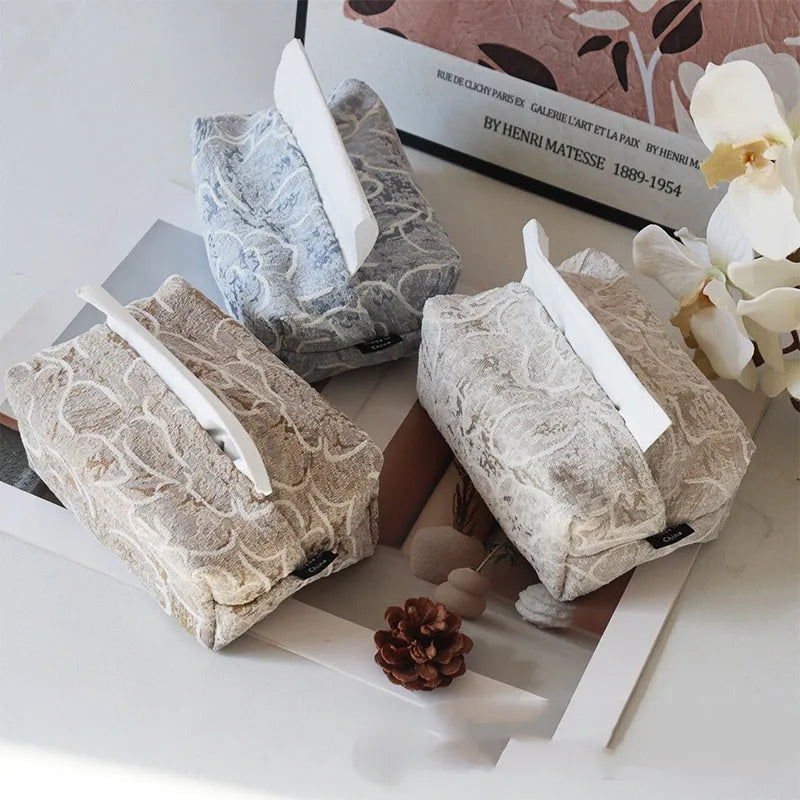 Pastoral style cotton fabric tissue box in beige, blue, or brown for living room.