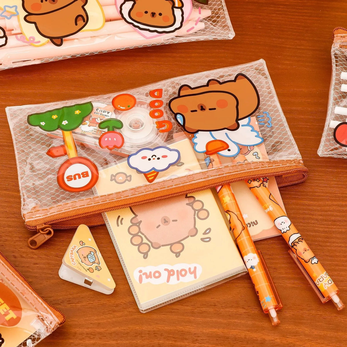 Transparent PVC mesh pencil case, 20 x 10.3 cm, random mixed colour, for student stationery
