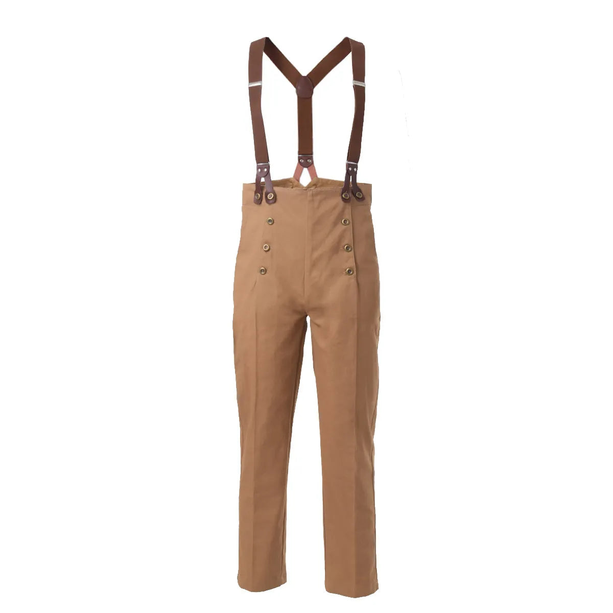 Men's retro high waist double breasted casual straight pants in black with braces