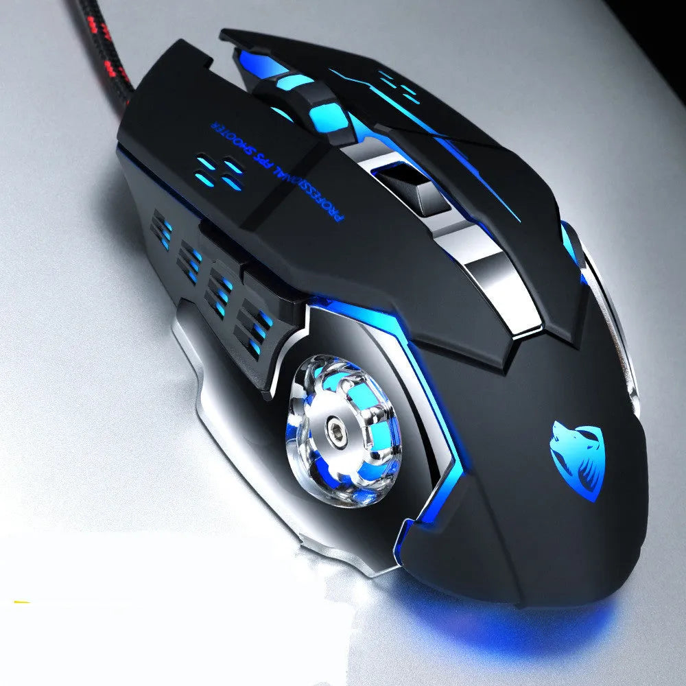 Wired gaming mouse with 1600dpi optical sensor, six buttons, touch wheel, and 1.2m USB cable in black.