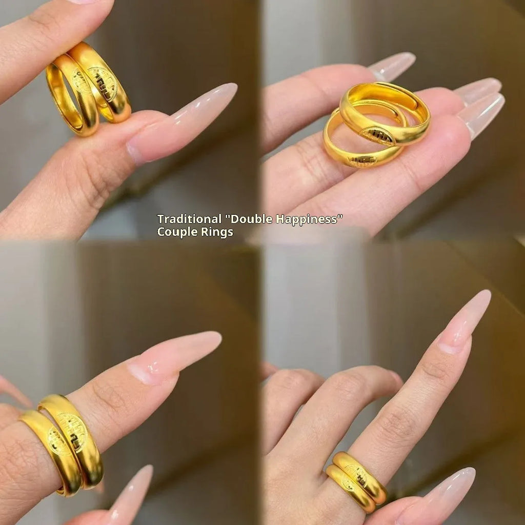 Brass Chinese lotus double happiness ring with adjustable opening in ancient couple style