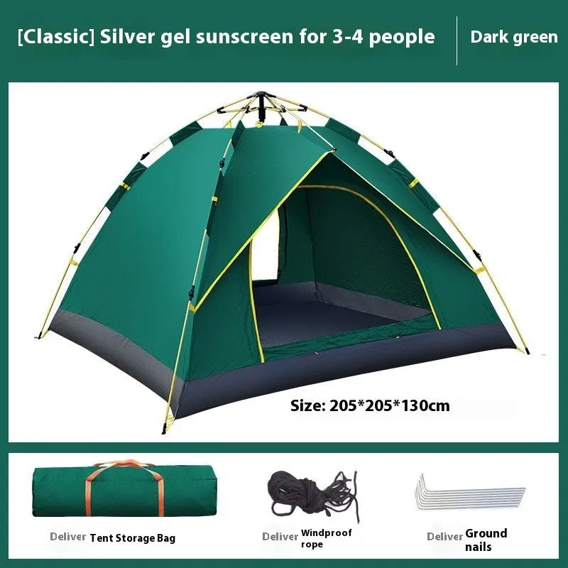Blue 3-4 person automatic camping tent set up outdoors with rain and sun protection flysheet