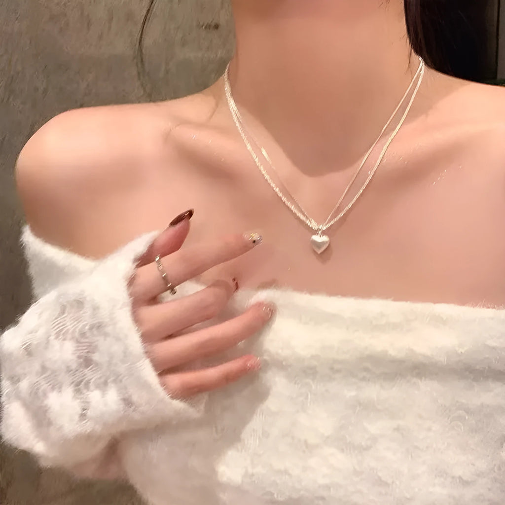 Double-layer brushed silver heart pendant necklace for women with adjustable chain