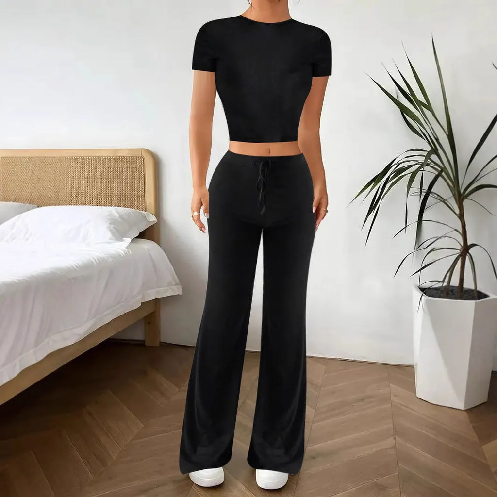 Women's black high waist trousers and short sleeve top polyester suit set