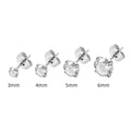 Simple geometric zircon stud earrings in stainless steel with gold or steel colour finish, showing size range from 2mm to 8mm.