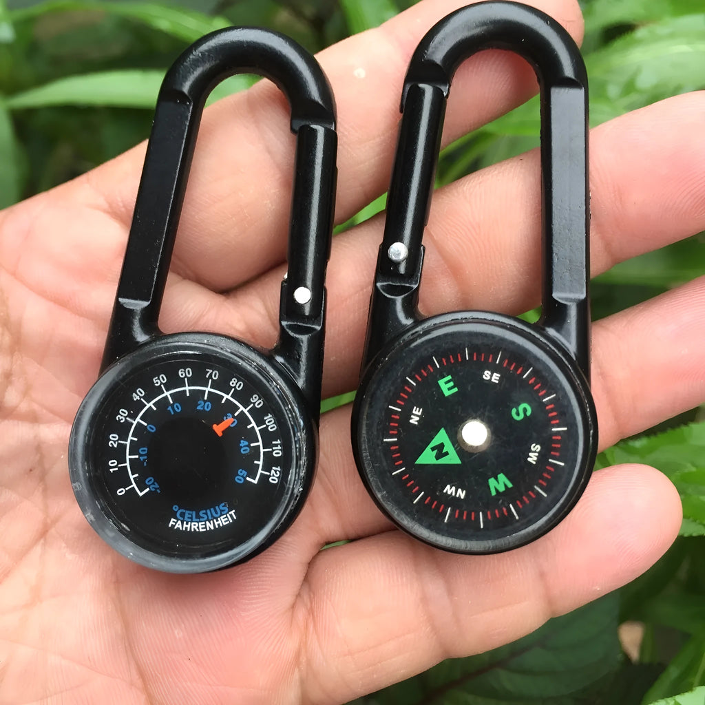 Black zinc alloy carabiner with liquid thermometer display and climbing button mechanism