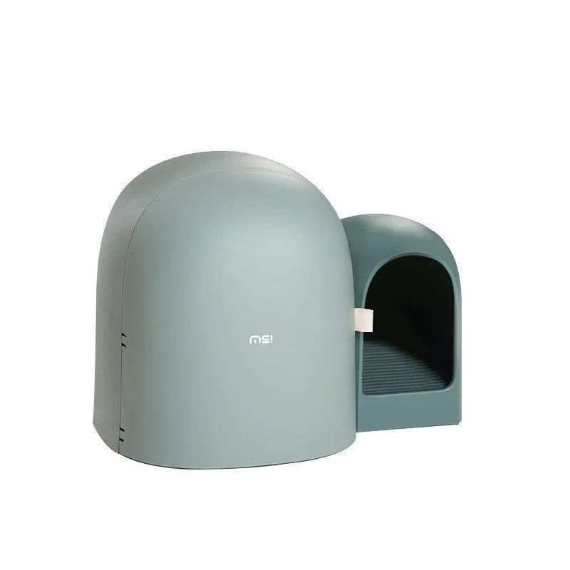 Fully enclosed oversized cat litter box in ABS plastic shown in moss green colour.