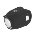 Black electronic bicycle horn with button, mounted on a bicycle handlebar.