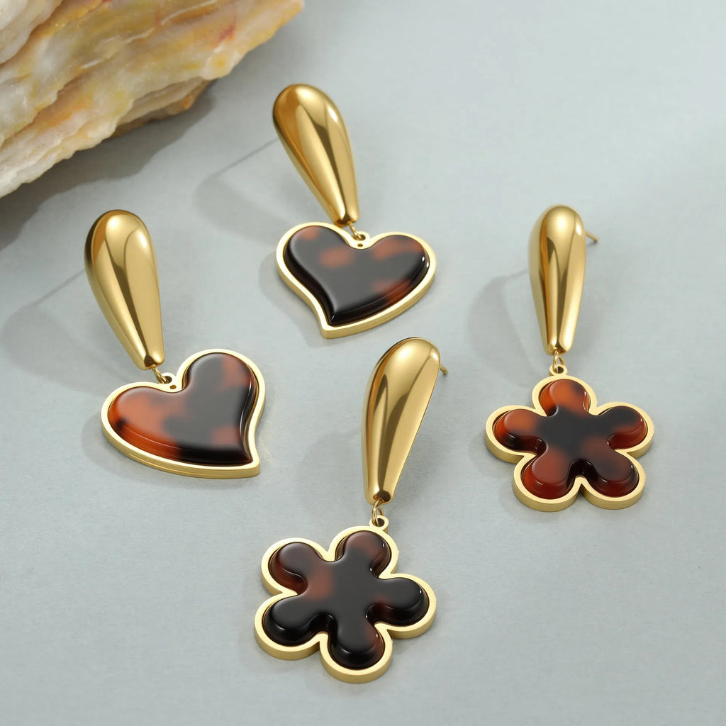 Women's tortoiseshell resin electroplated earrings in heart and flower designs with 18K stainless steel construction
