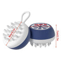 Blue dog shampoo brush with silicone massage points on head and ergonomic handle for bath time washing.