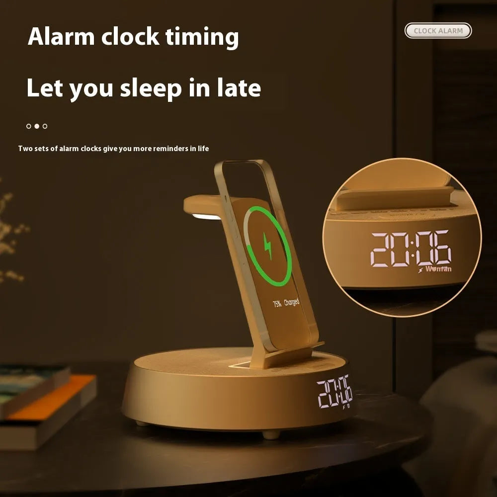 Wireless Bluetooth speaker alarm clock with phone holder in creamy-white colour on a wooden bedside table