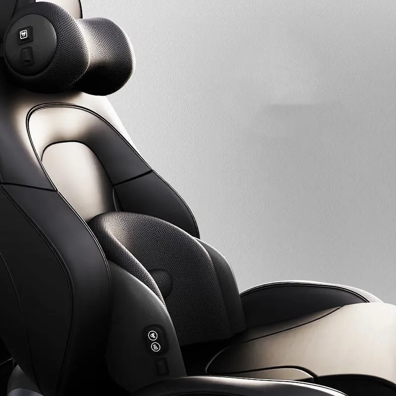 Car seat massage cushion and headrest in memory cotton, shown in black, brown, and grey colour options.