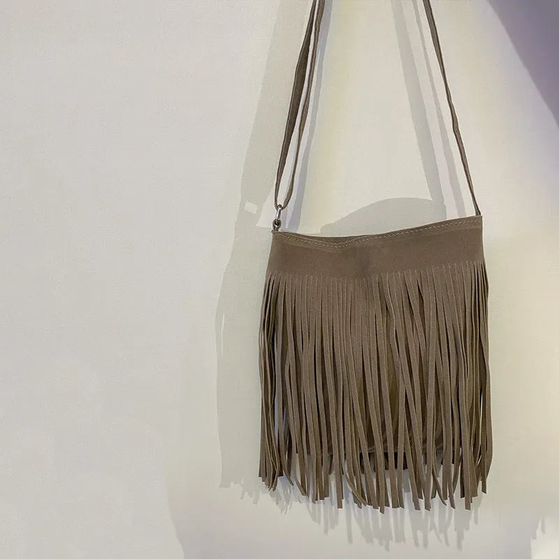 Canvas shoulder bag with tassel decoration in literary style, square vertical shape, available in multiple colours