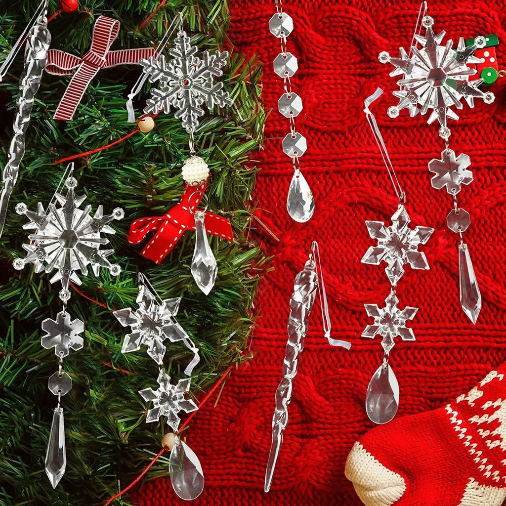 10 clear acrylic icicle and snowflake Christmas tree ornaments with white ribbons