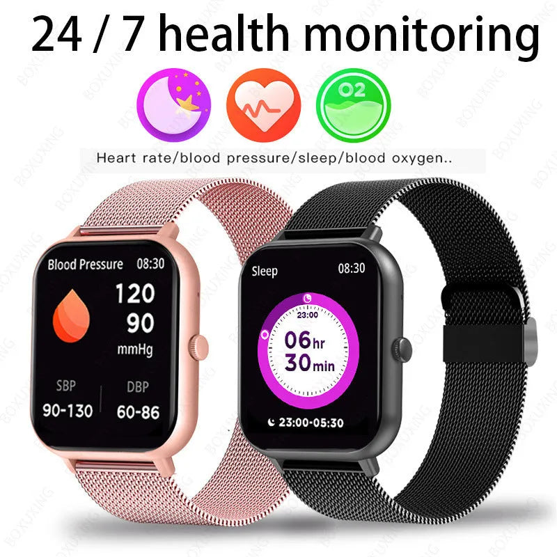 Smart watch with AMOLED screen, AI voice assistant, Bluetooth calling, heart rate and blood oxygen monitoring, available in pink, silver and black.