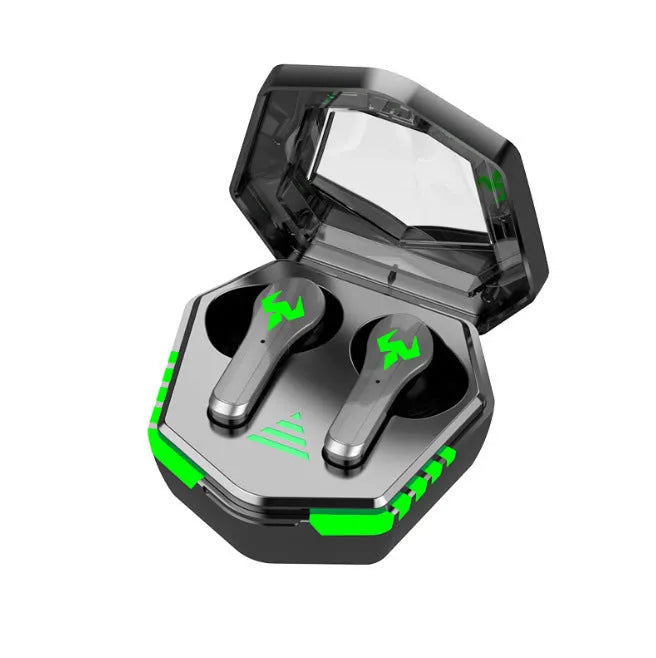 Black N35 wireless gaming Bluetooth headset with in-ear earplugs showing 10m range and noise reduction features